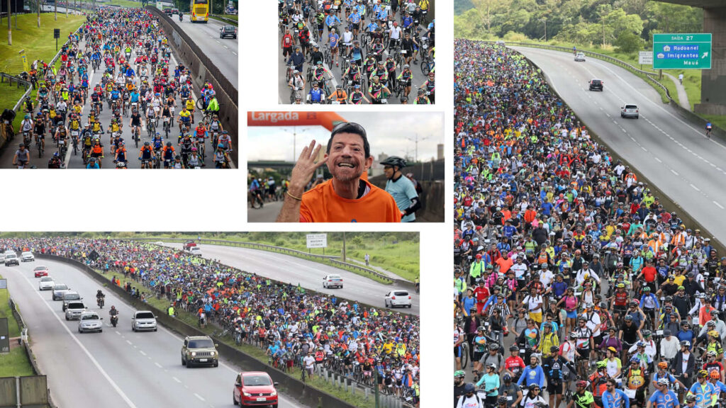 Colagem de fotos do Pedal Anchieta com milhares de ciclistas ocupando a rodovia Anchieta em São Paulo, promovendo o cicloativismo e a mobilidade sustentável. As imagens mostram diferentes momentos do evento: a largada, o percurso lotado de bicicletas e o cicloativista Aparecido Inácio comemorando com entusiasmo.